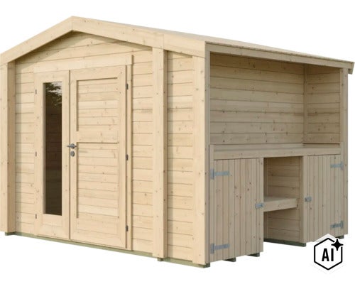 Gartenhaus aus Holz mit Doppeltür, Glasfenster und seitlichem Anbau mit Stauraum (Image AI modified or generated)
