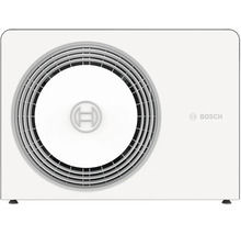 Bosch Außeneinheit für Wärmepumpen oder Klimaanlagen mit kreisförmigem Schutzgitter und Bosch Logo.