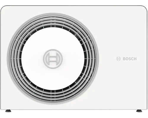 Bosch Außeneinheit für Wärmepumpen oder Klimaanlagen mit kreisförmigem Schutzgitter und Bosch Logo.