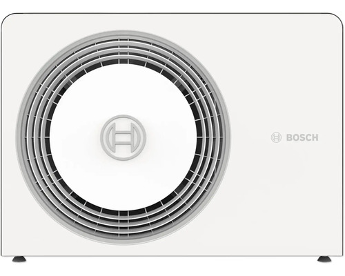 Bosch Außeneinheit für Klimaanlage oder Wärmepumpe mit rundem Lüftungsgitter und Bosch Logo.