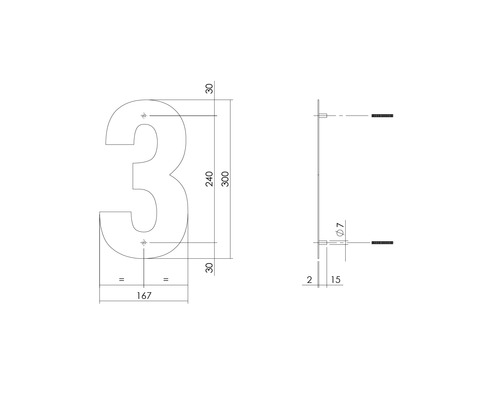 Technische Zeichnung der Hausnummer 3 mit Maßangaben
