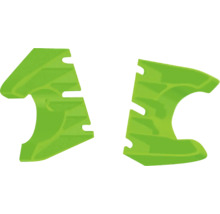 Zwei grüne Ersatzklingen aus Kunststoff für Mähroboter.