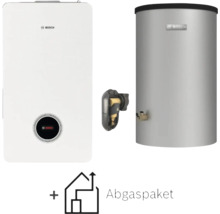 Bosch Gas-Brennwert-Heizungs-Set mit wandhängender Gastherme, Warmwasserspeicher, Anschlusszubehör und Abgaspaket. Bosch Logo.