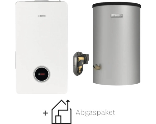 Bosch Gas-Brennwert-Heizungs-Set mit wandhängender Gastherme, Warmwasserspeicher, Anschlusszubehör und Abgaspaket. Bosch Logo.