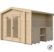 Gartenhaus aus Holz mit Doppeltür und integriertem seitlichem Anbau für zusätzlichen Stauraum. (Image AI modified or generated)