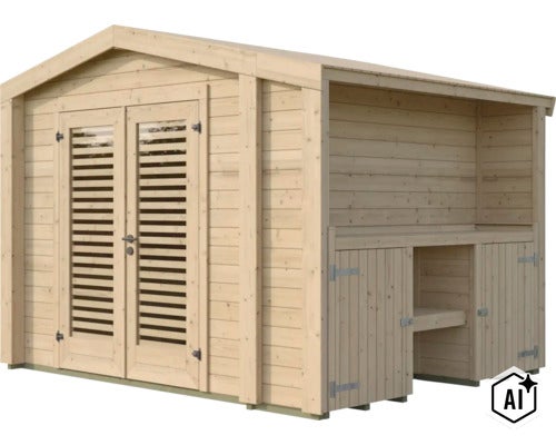 Gartenhaus aus Holz mit Doppeltür und integriertem seitlichem Anbau für zusätzlichen Stauraum. (Image AI modified or generated)