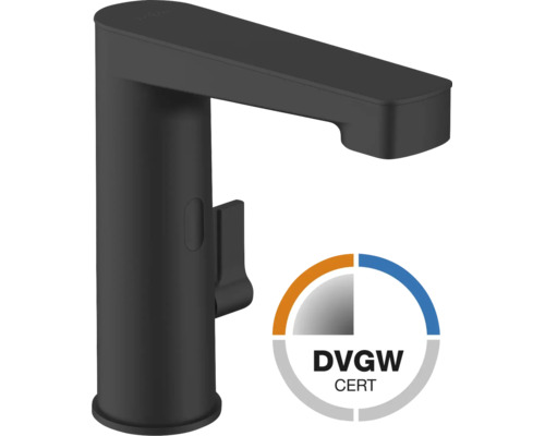 Schwarze Waschtischarmatur mit DVGW-Prüfzeichen.