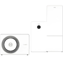 Weißes Bosch Wärmepumpen-System bestehend aus Außeneinheit, Inneneinheit und Warmwasserspeicher.