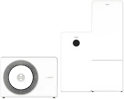 Weißes Bosch Wärmepumpen-System bestehend aus Außeneinheit, Inneneinheit und Warmwasserspeicher.