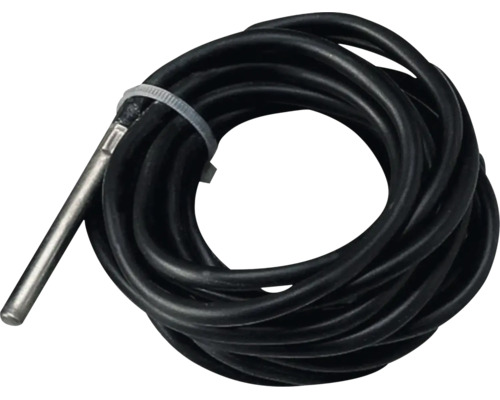Temperaturfühler mit schwarzem Kabel und metallischer Sonde.