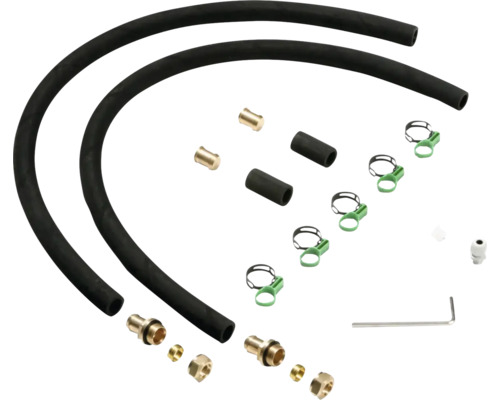 Set bestehend aus zwei schwarzen Schläuchen, Messinganschlüssen, Schlauchschellen und einem Inbusschlüssel.