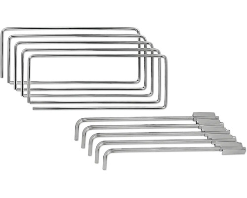 Set aus fünf rechteckigen Metallbügeln und fünf Führungsschienen für Schranksysteme.