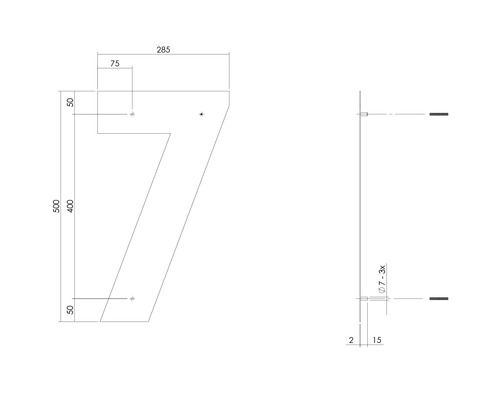 Technische Zeichnung Hausnummer sieben mit Maßangaben