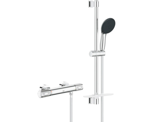Grohe Brausegarnitur aus Chrom mit Thermostat-Armatur, Duschstange, Handbrause und Ablageschale.