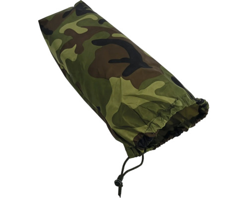 Zylindrischer Packsack mit Tarnmuster und Kordelzugverschluss.