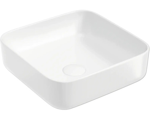 Weißes quadratisches Aufsatzwaschbecken aus Keramik mit abgerundeten Ecken und mittigem Ablauf.