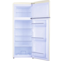 Retro-Kühlschrank mit Gefrierfach oben, Glasablagen und Gemüsefach, offen