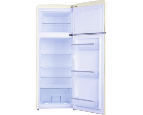 Retro-Kühlschrank mit Gefrierfach oben, Glasablagen und Gemüsefach, offen