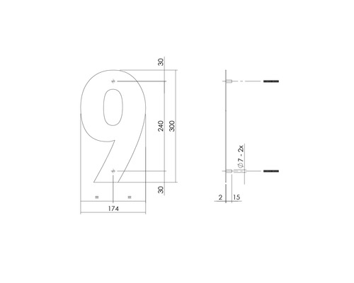 Technische Zeichnung der Hausnummer 9 mit Maßangaben