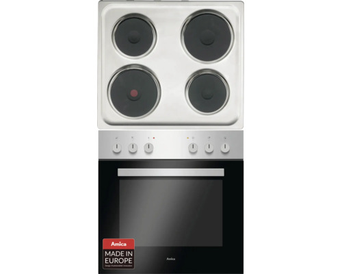 Amica Einbauherdset mit Backofen, sechs Drehreglern und Kochfeld mit vier Elektrokochplatten aus Edelstahl. Amica Logo. In Europa hergestellt.