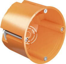 Orange Hohlwanddose aus Kunststoff für Elektroinstallationen mit Geräteschrauben.