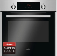 Amica Einbaubackofen mit Edelstahlfront, zwei Drehknöpfen und digitalem Display, hergestellt in Europa.