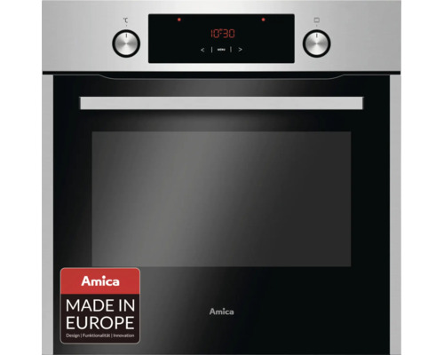 Amica Einbaubackofen mit Edelstahlfront, zwei Drehknöpfen und digitalem Display, hergestellt in Europa.