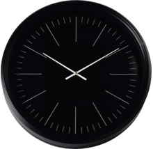 Analoge Wanduhr in Schwarz mit weißen Zeigern und Strichindizes ohne Ziffern.