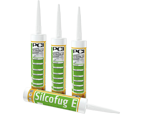 PCI Silcofug E elastischer Silicon Dichtstoff für innen und außen in Kartuschen mit Spritzdüsen.