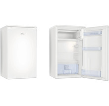 Amica Tischkühlschrank mit Gefrierfach, geschlossene und offene Ansicht mit Glasablagen und Türabstellern.