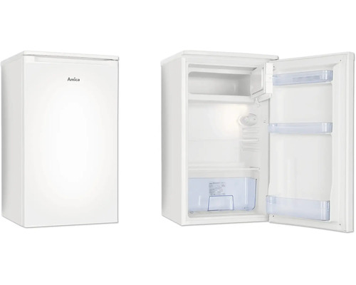 Amica Tischkühlschrank mit Gefrierfach, geschlossene und offene Ansicht mit Glasablagen und Türabstellern.