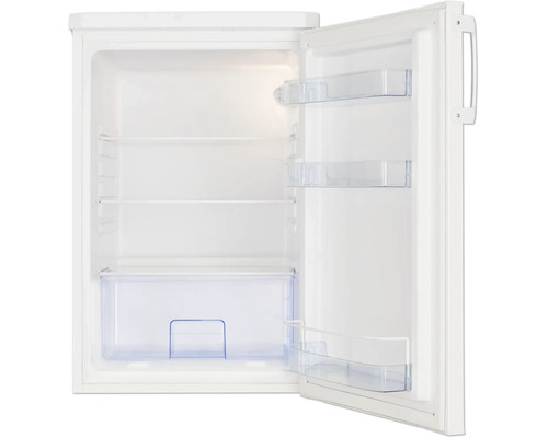 Geöffneter Kühlschrank mit Glasablagen, einem Gemüsefach und Türabstellern.