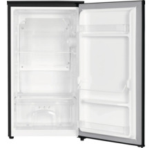 Offener Mini Kühlschrank mit Glasablage, Gitterrost, Gemüsefach und Türfächern.