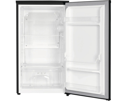 Offener Mini Kühlschrank mit Glasablage, Gitterrost, Gemüsefach und Türfächern.