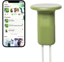 FYTA Beam Pflanzensensor mit Smartphone-App zur Überwachung von Feuchtigkeit, Nährstoffen, Licht und Temperatur.