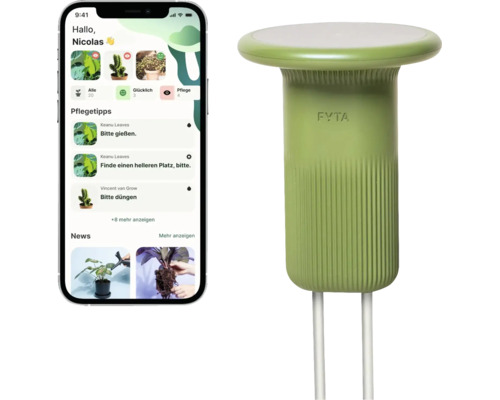 FYTA Beam Pflanzensensor mit Smartphone-App zur Überwachung von Feuchtigkeit, Nährstoffen, Licht und Temperatur.