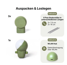 FYTA-Set bestehend aus 3 Pflanzensensoren, einem WLAN Hub und 6 Paar Bodenstäben in 7,5 und 14 Zentimeter Länge.