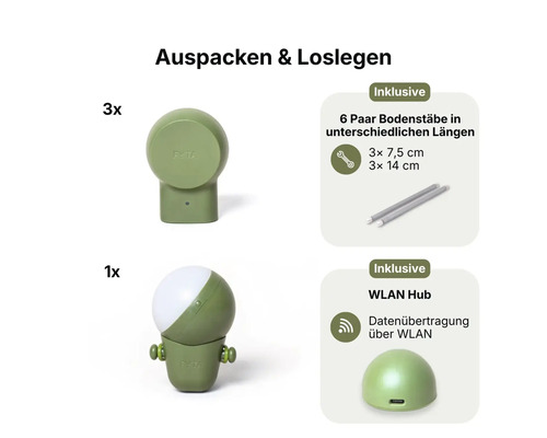 FYTA-Set bestehend aus 3 Pflanzensensoren, einem WLAN Hub und 6 Paar Bodenstäben in 7,5 und 14 Zentimeter Länge.