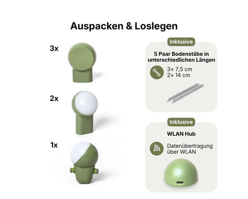 FYTA Pflanzensensor Set inklusive drei Sensoren, fünf Paar Bodenstäben in verschiedenen Längen und einem WLAN Hub für die Datenübertragung.