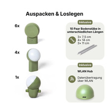 FYTA Beam Pflanzensensor Set mit elf Sensoren, zehn Paar Bodenstäben in verschiedenen Längen und einem WLAN Hub.