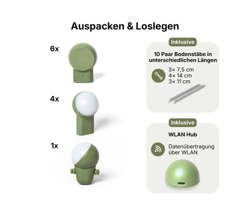 FYTA Beam Pflanzensensor Set mit elf Sensoren, zehn Paar Bodenstäben in verschiedenen Längen und einem WLAN Hub.