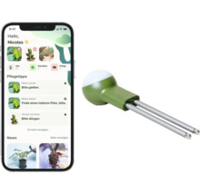 Smarter Pflanzensensor mit zwei Sonden und Smartphone-App für Pflegetipps wie Gießen und Düngen.