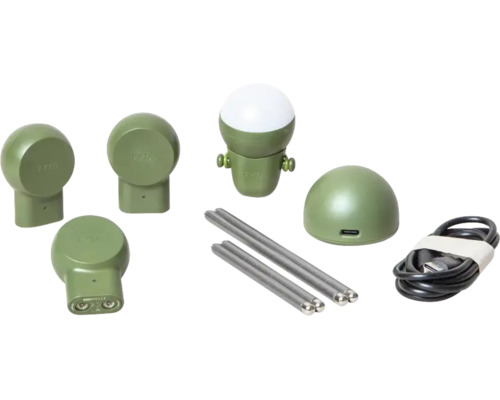 Pflanzensensor-Set mit grünen Gehäuseteilen, zwei Metallstäben, Sensorkopf mit weißer Kappe und schwarzem USB-Ladekabel.
