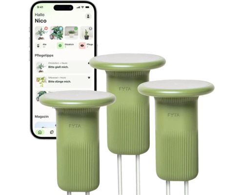 Drei grüne FYTA Pflanzensensoren mit Smartphone-App zur Überwachung von Bodenfeuchtigkeit und Nährstoffen.