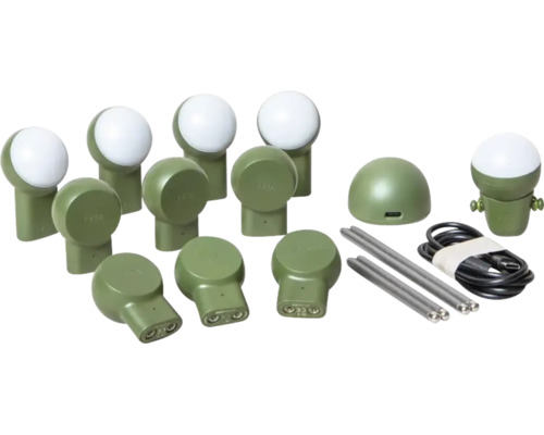 Set aus olivgrünen Pflanzensensoren und LED-Leuchten mit weißen Diffusoren, Erdspießen, Ladestation und USB-Kabel.