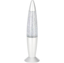 Raketenförmige Glitterlampe mit weißem Gehäuse und silbernen Glitzerpartikeln.