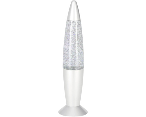 Raketenförmige Glitterlampe mit weißem Gehäuse und silbernen Glitzerpartikeln.
