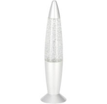 Raketenförmige Glitterlampe mit silbernem Glitter in klarer Flüssigkeit auf silberfarbenem Standfuß.