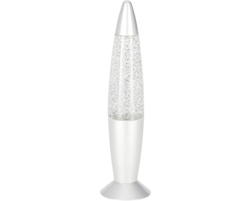 Raketenförmige Glitterlampe mit silbernem Glitter in klarer Flüssigkeit auf silberfarbenem Standfuß.