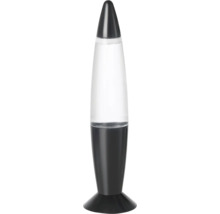 Dekorative Lavalampe in Raketenform mit schwarzem Sockel und Gehäuse sowie klarem Glas mit weißem Wachs.